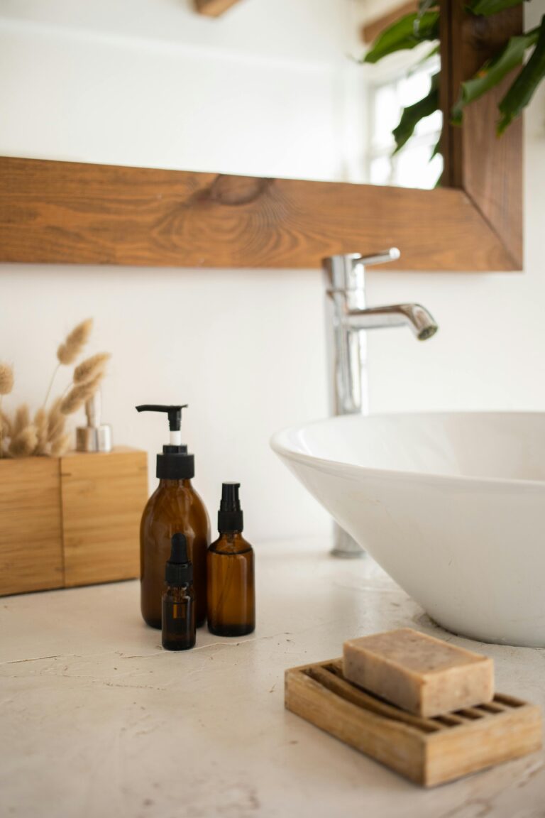 a soap dish, and a stylish basin.